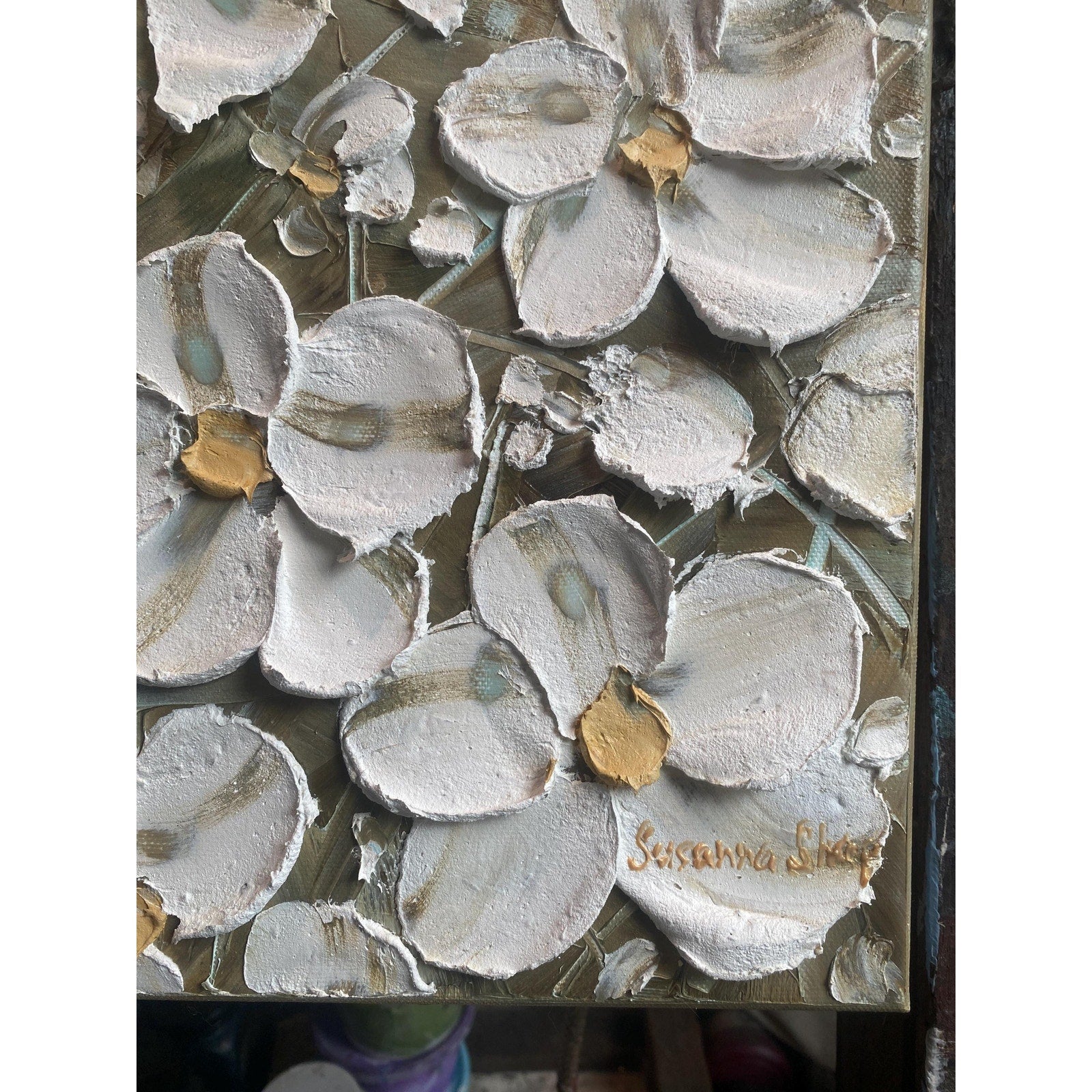 ORIGINAL abstract floral oil painting landscape on canvas white flowers impasto Textured Palette knife Wall Art 20x20" by Susanna Shap