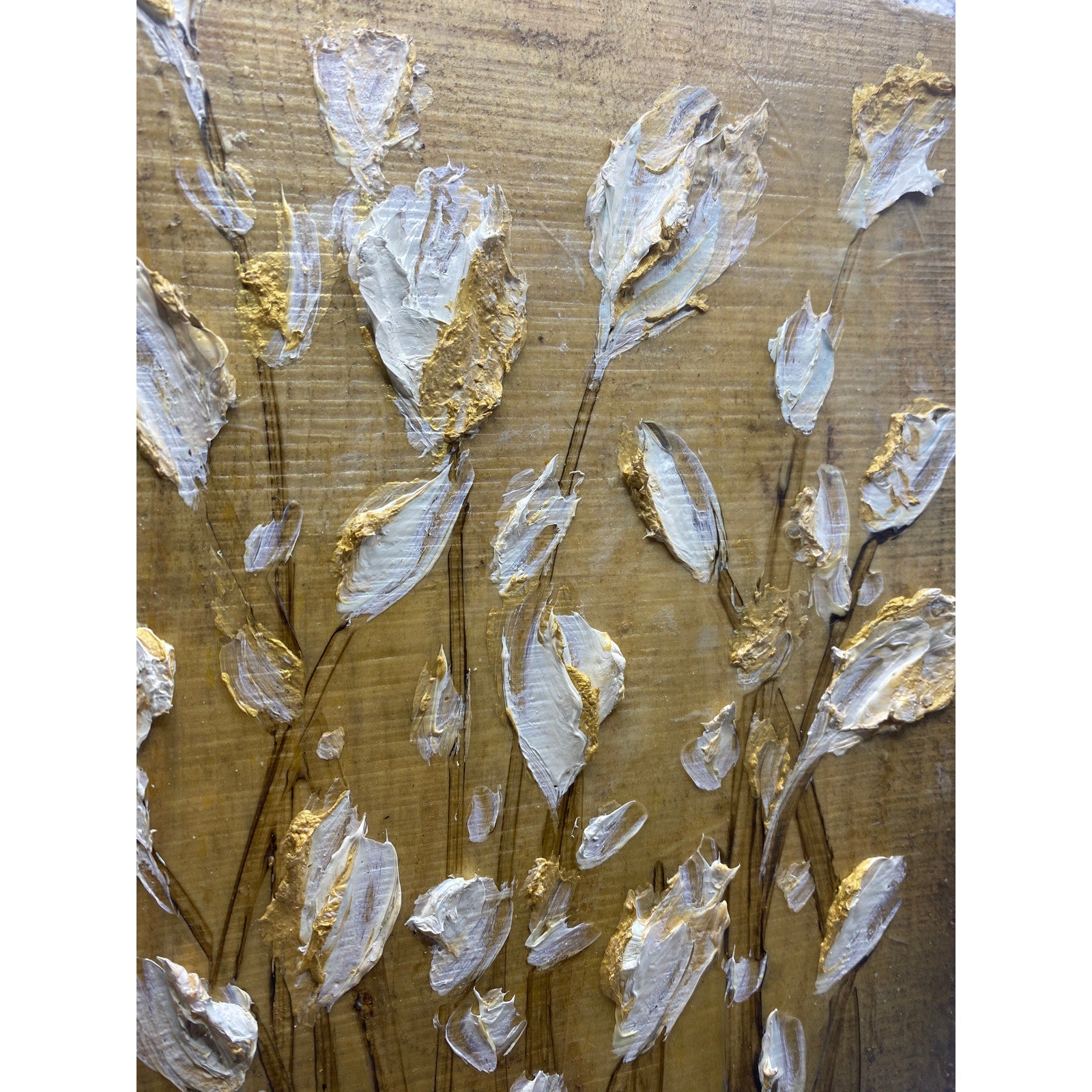 ORIGINAL White Gold Tulips landscape oil painting, Abstract Small Floral landscape oil painting, impasto on wood- by Susanna Shap