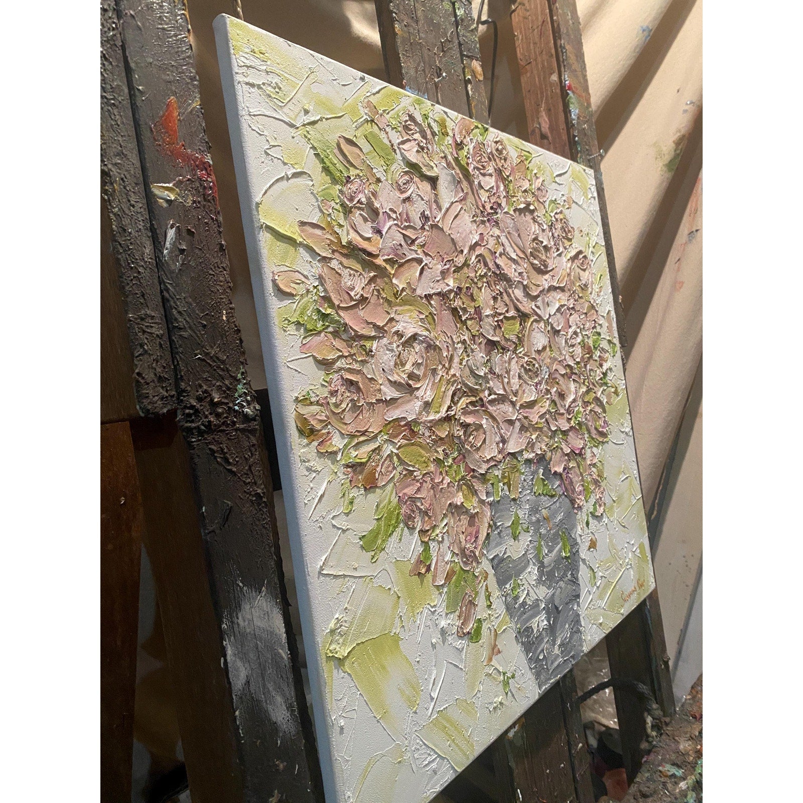 Mauve pink Roses floral oil painting bouquet still life ORIGINAL on canvas impasto Textured Palette knife Art 20x20" by Susanna Shap