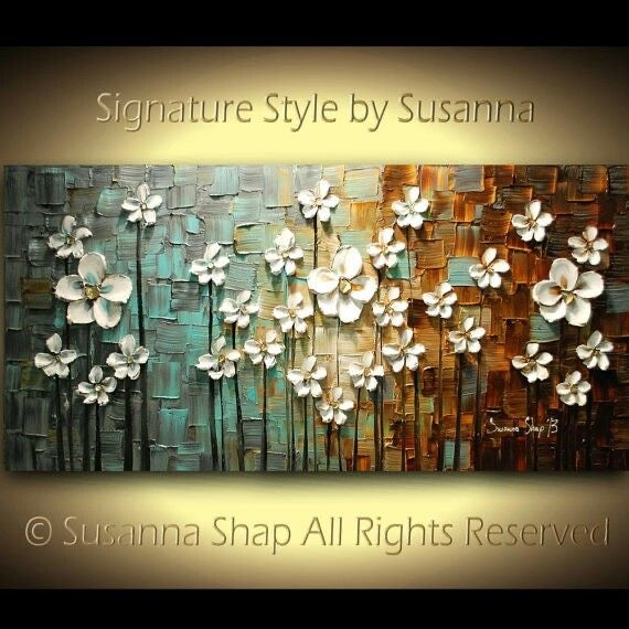 Original Painting White Flower Blossoms Modern Abstract Landscape, Earth tones Grey Beige Impasto Textured palette knife art by susanna shap (MADE2ORDER)