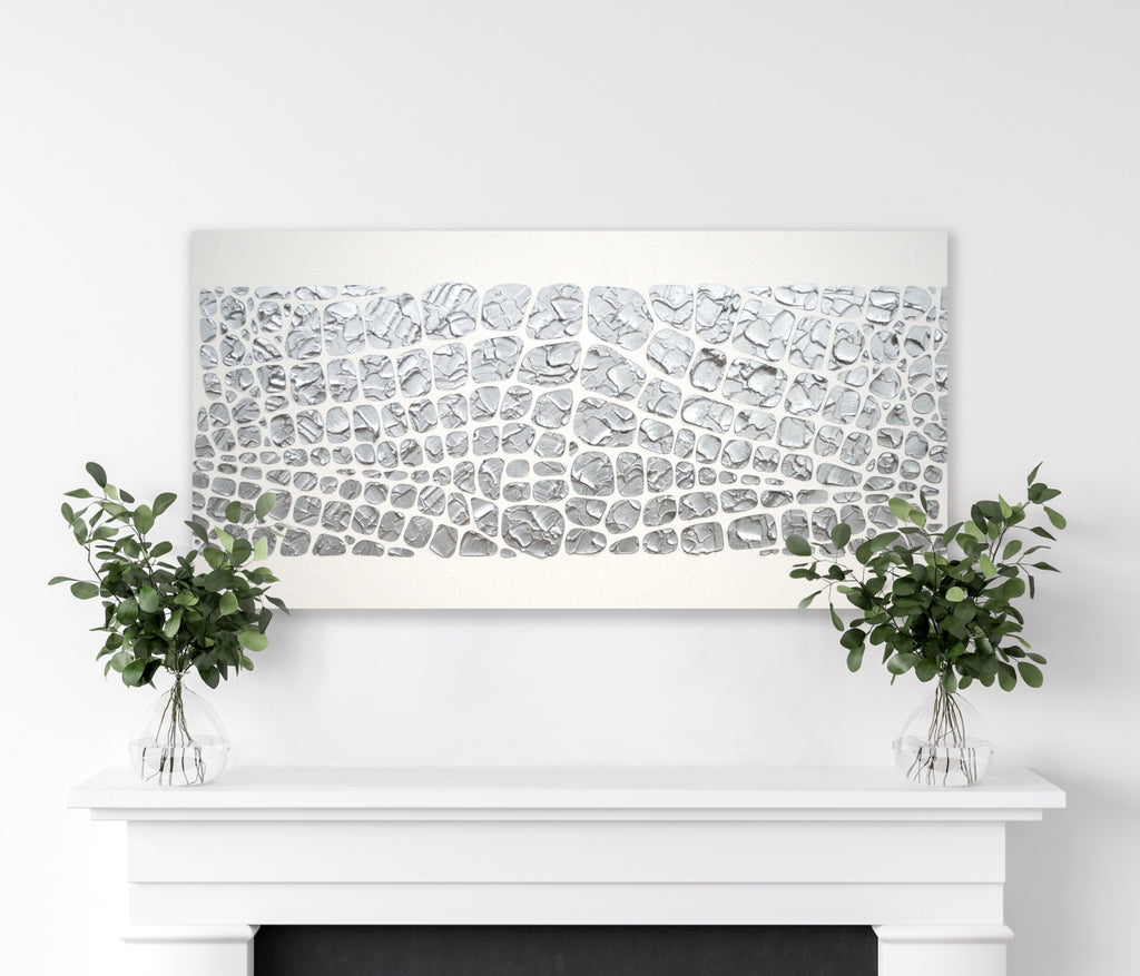 Original painting, metallic silver on white, Textured Large Abstract Art MADE2ORDER Mosaic Painting (48”x24”)