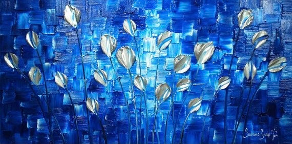 Original Silver Tulips Abstract Landscape on Blue Impasto Texture painting palette knife art by susanna shap (MADE2ORDER)