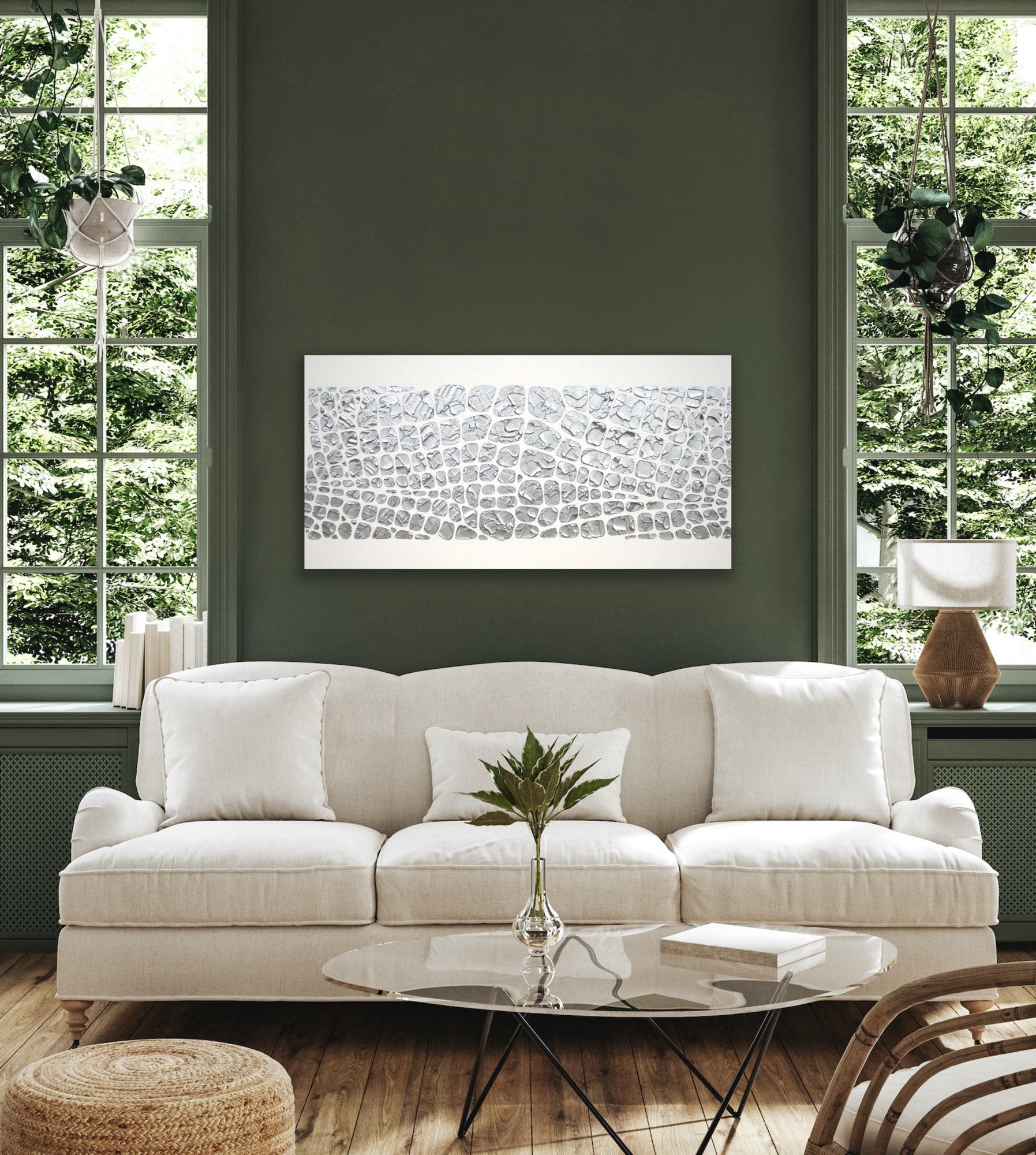 Original painting, metallic silver on white, Textured Large Abstract Art MADE2ORDER Mosaic Painting (48”x24”)