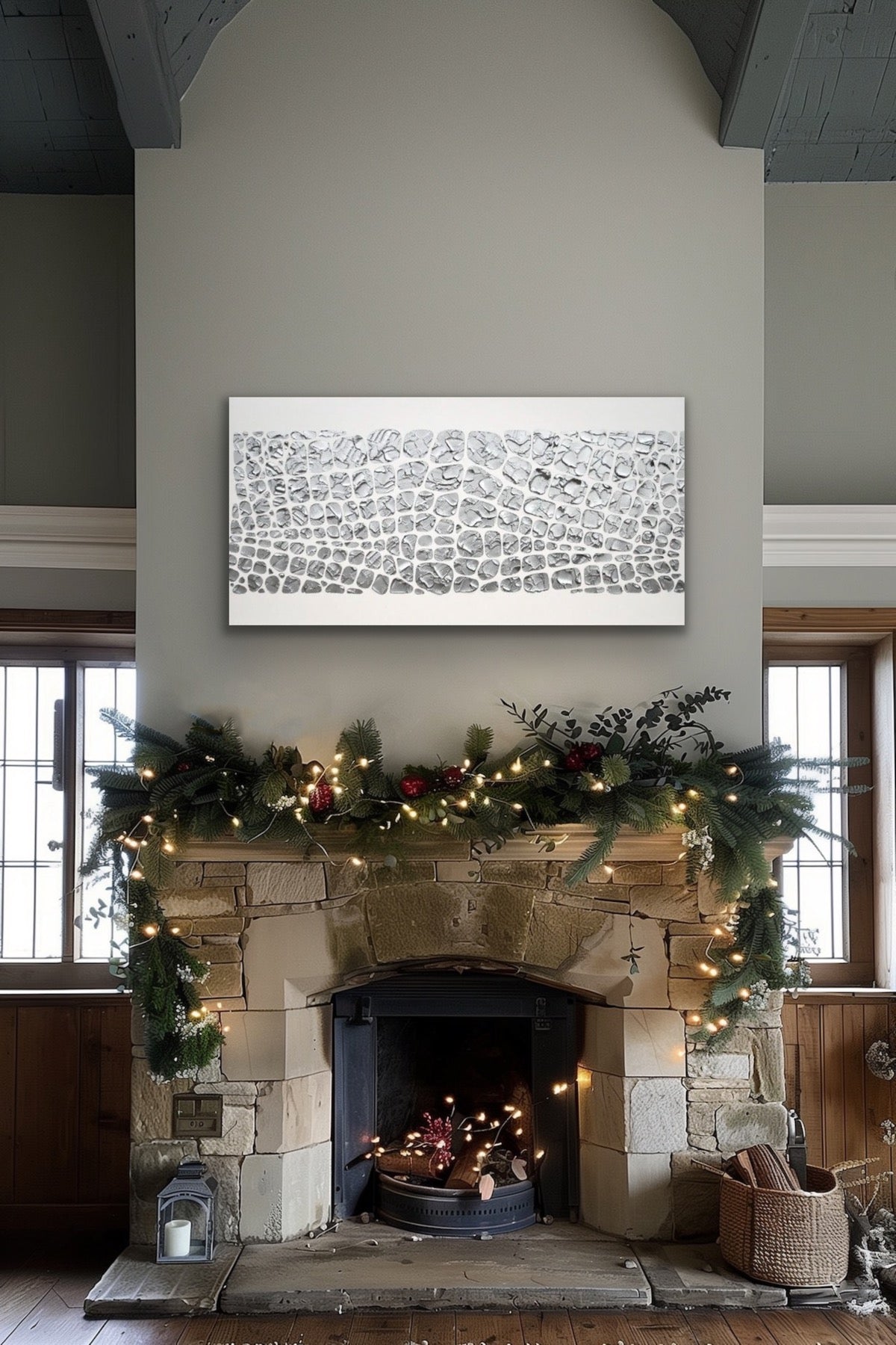 Original painting, metallic silver on white, Textured Large Abstract Art MADE2ORDER Mosaic Painting (48”x24”)