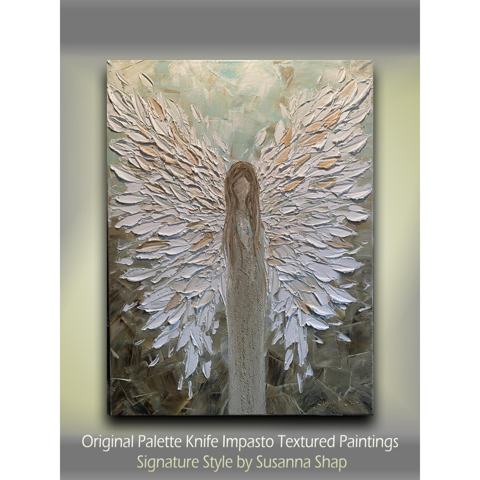 ORIGINAL angel abstract oil painting on canvas impasto Textured Palette knife white Angel wings Wall Art 20x20" by Susanna Shap