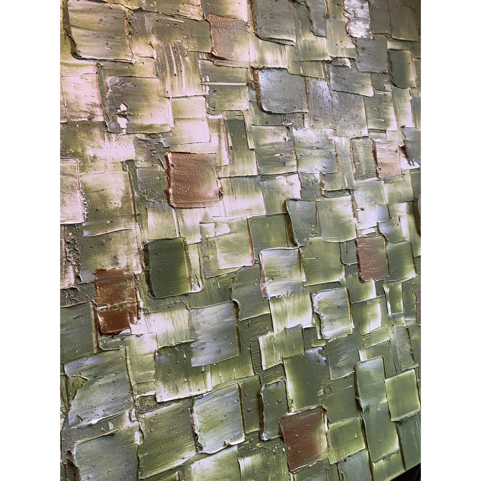 ORIGINAL Olive Green Large Abstract painting, Squares, Geometric Heavy Textured 48"x24" Palette knife Art- by Susanna Shap