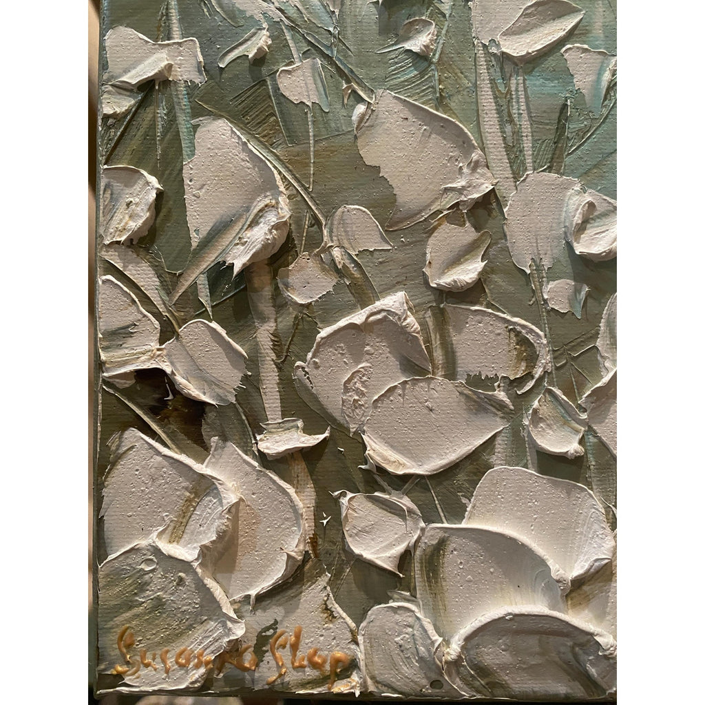 ORIGINAL small oil painting floral white poppies flowers landscape oil on canvas Textured Palette knife art 8x10” - Susanna Shap