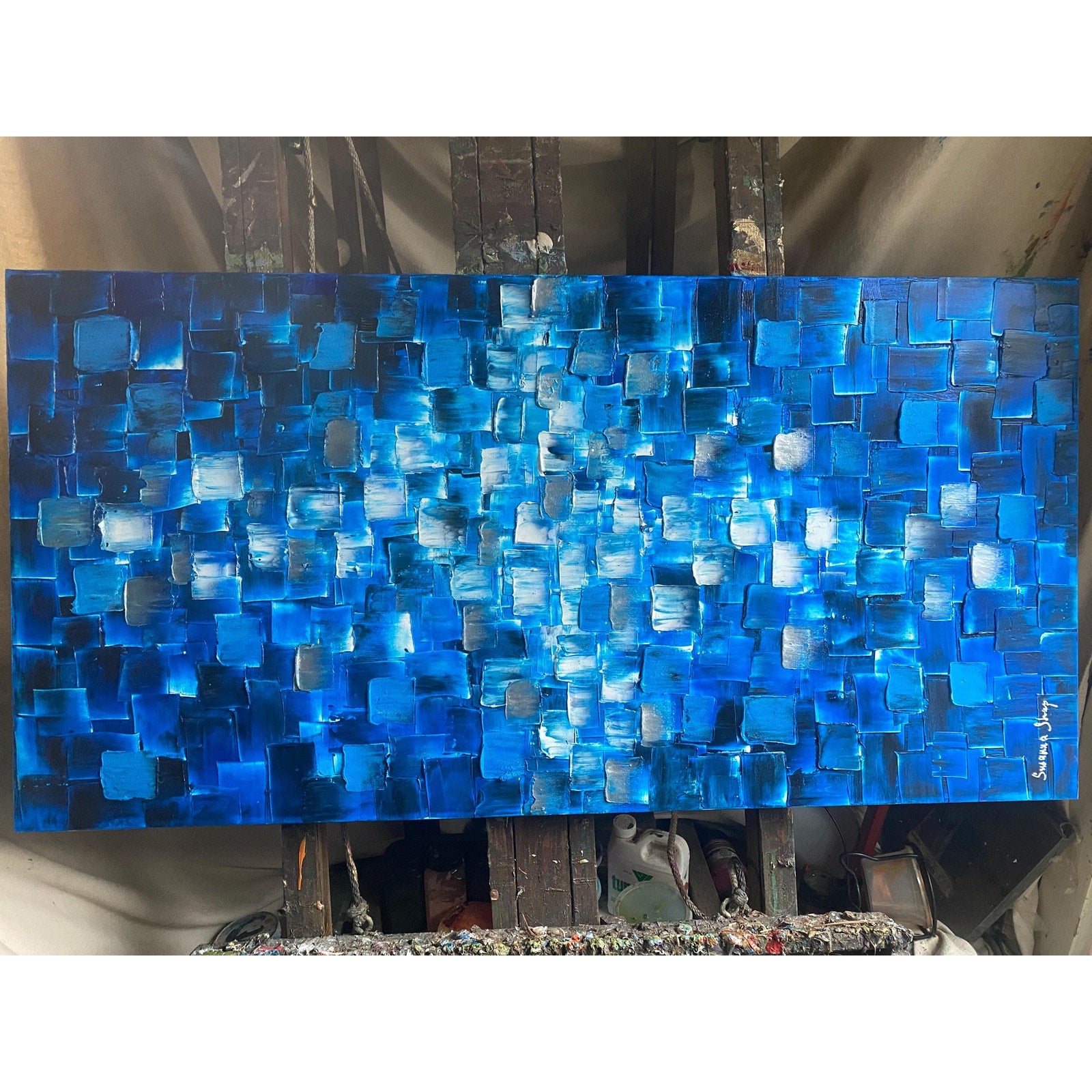 ORIGINAL Black Blue tonal large abstract painting Textured Squares Geometric Palette knife Art 48"x24" - by Susanna Shap