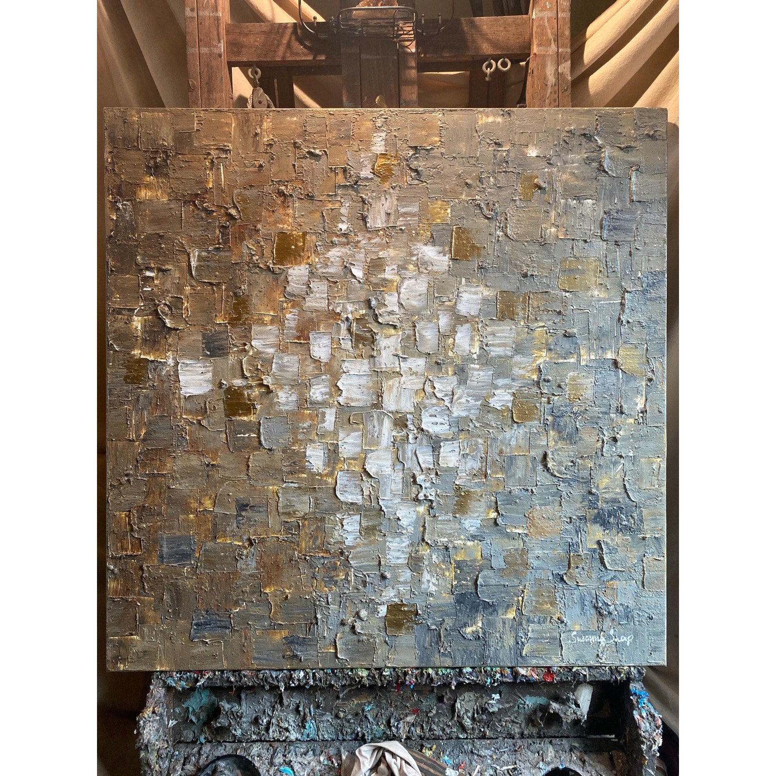 ORIGINAL Minimalist Large Abstract painting Neutral Beige Gray Squares Geometric Heavy Textured 36"x36" Palette knife Art- by Susanna Shap
