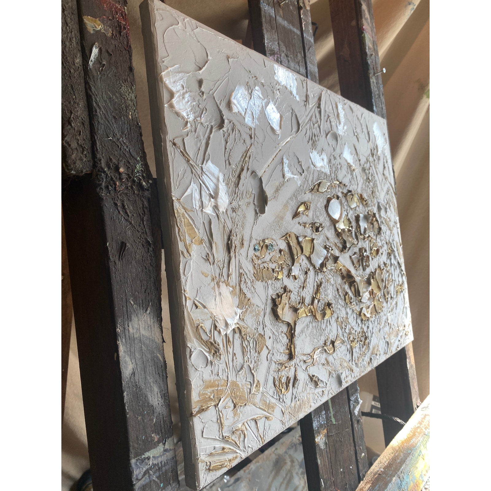 Turtle ORIGINAL Animal Art Abstract White & Gold Textured painting, Handmade Artwork Canvas wall art