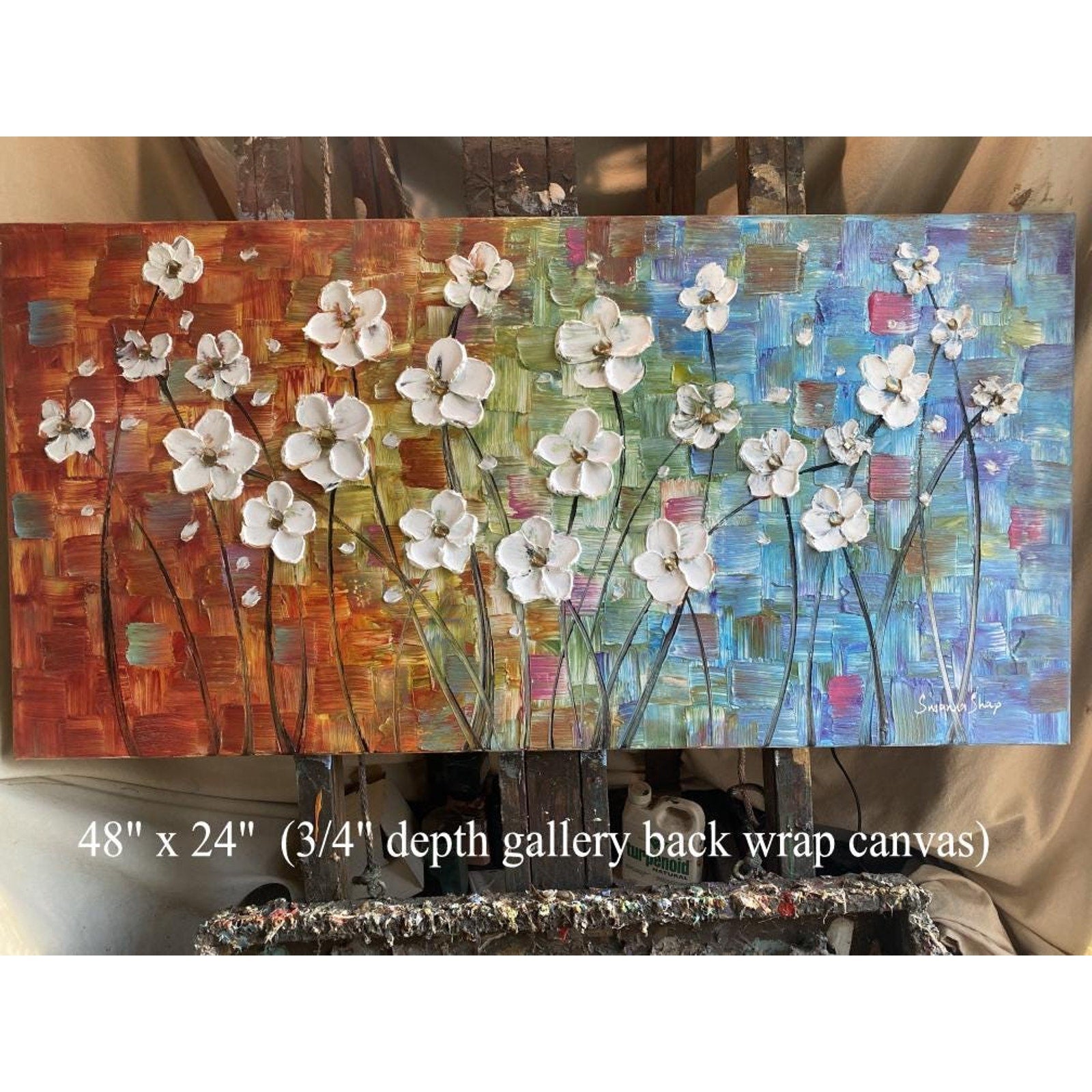 Original Large Abstract multicolored painting White Flowers, Textured Palette knife impasto Floral Fine Art (48"x24")