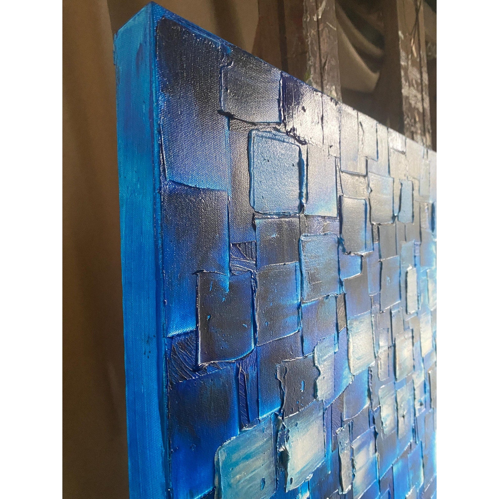ORIGINAL Black Blue tonal large abstract painting Textured Squares Geometric Palette knife Art 48"x24" - by Susanna Shap