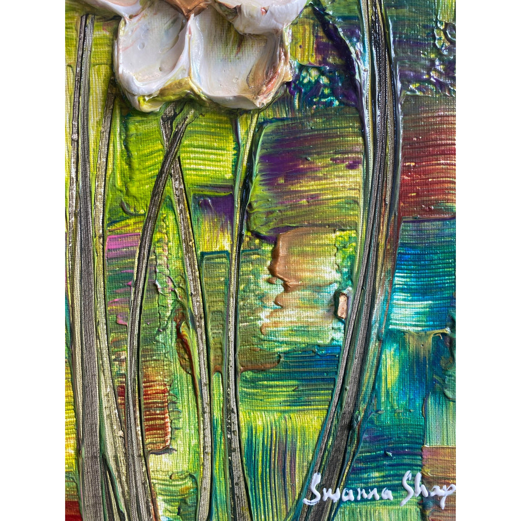Original Abstract textured white flowers art, multicolored Palette Knife Impasto Painting: 18"x24" by Susanna Shap
