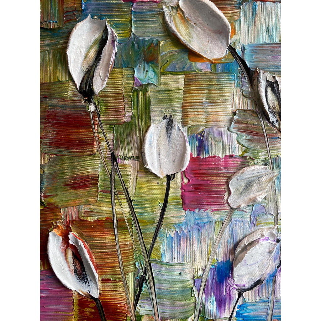Original White Tulips Impasto Painting, Palette Knife Textured Art (20"x20")