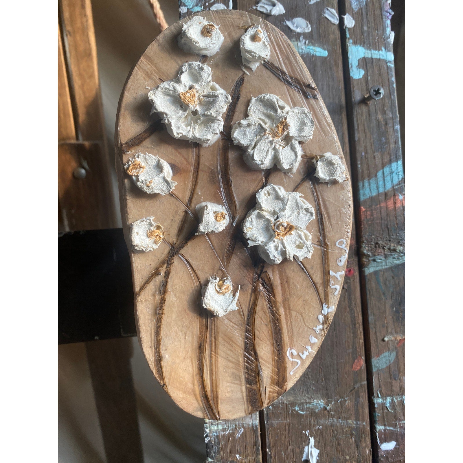 ORIGINAL Irregular organic shape Oval Miniature White flowers oil painting, Small Tactile Art on wood- by Susanna Shap