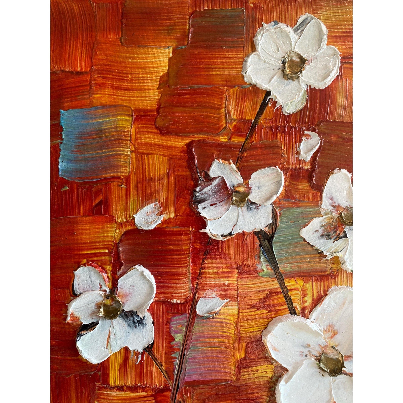 Original Large Abstract multicolored painting White Flowers, Textured Palette knife impasto Floral Fine Art (48"x24")