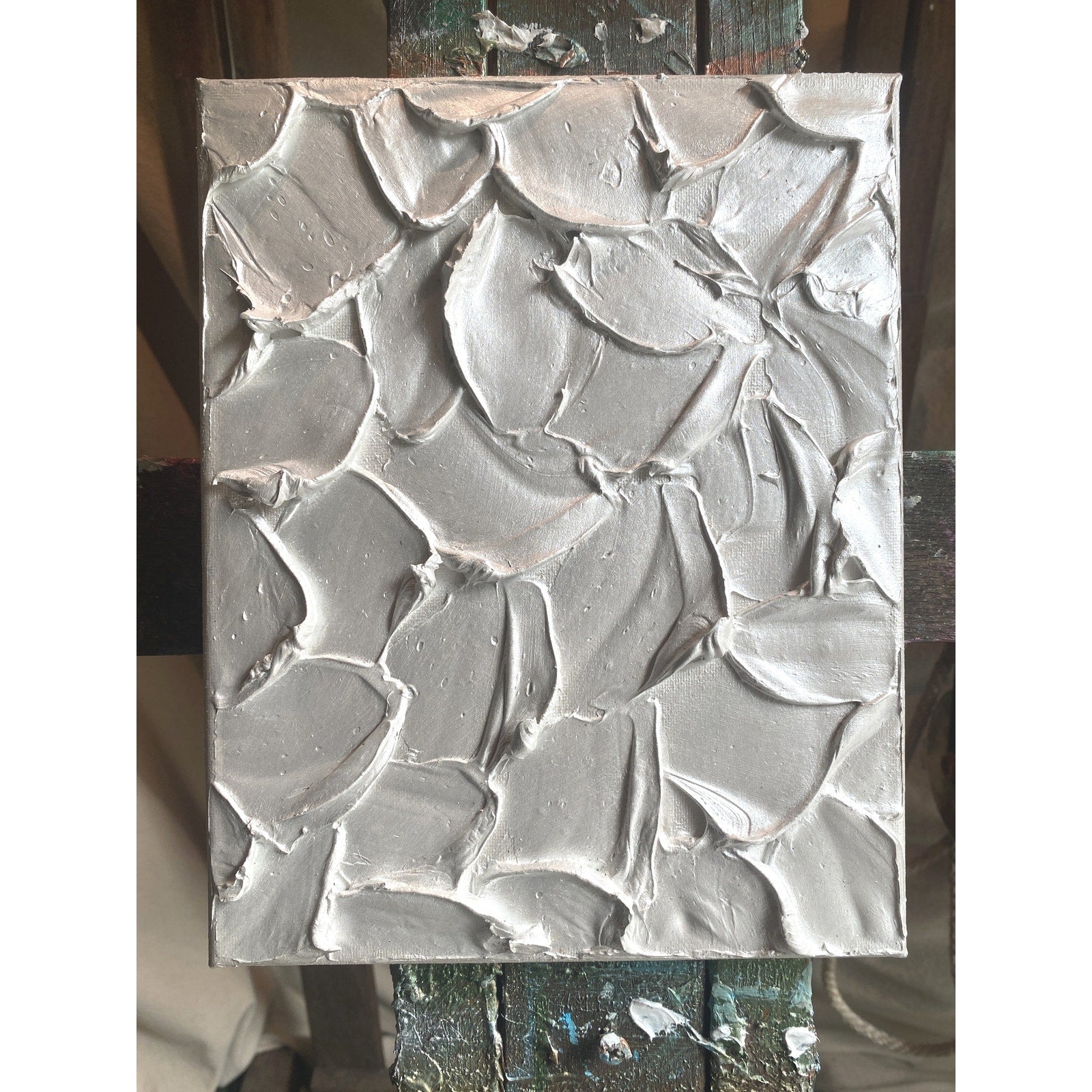 "Pearl" Metallic White ORIGINAL Abstract Textured painting, Palette knife Impasto Art, Small 8"x10"