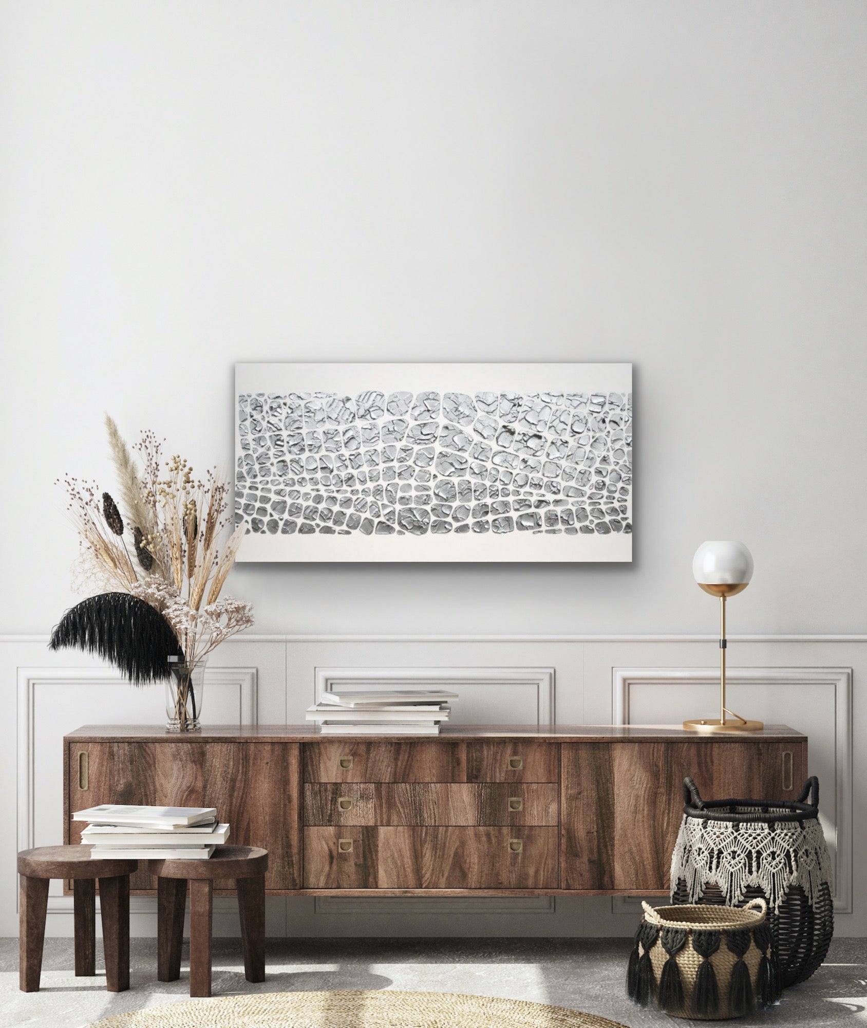Original painting, metallic silver on white, Textured Large Abstract Art MADE2ORDER Mosaic Painting (48”x24”)
