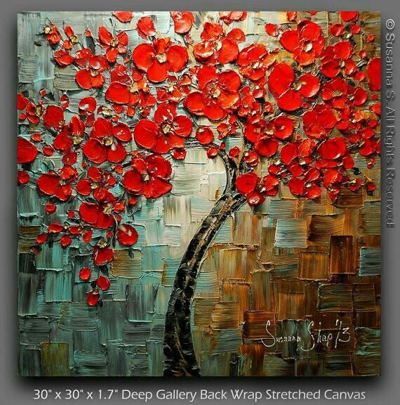 Original Abstract tree painting red cherry blossom textured palette knife impasto art by susanna shap (MADE2ORDER)