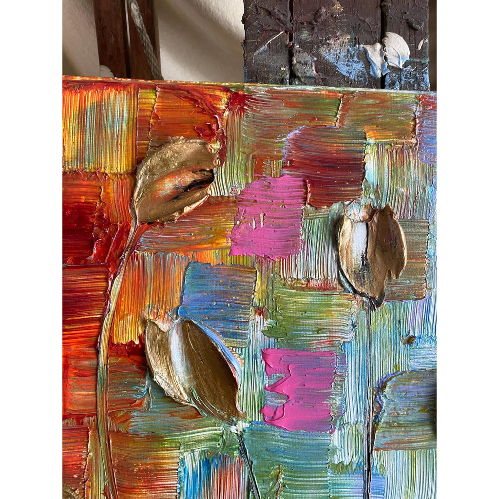 Original Gold Tulips Painting: Abstract Flowers, Textured Palette Knife Impasto Art