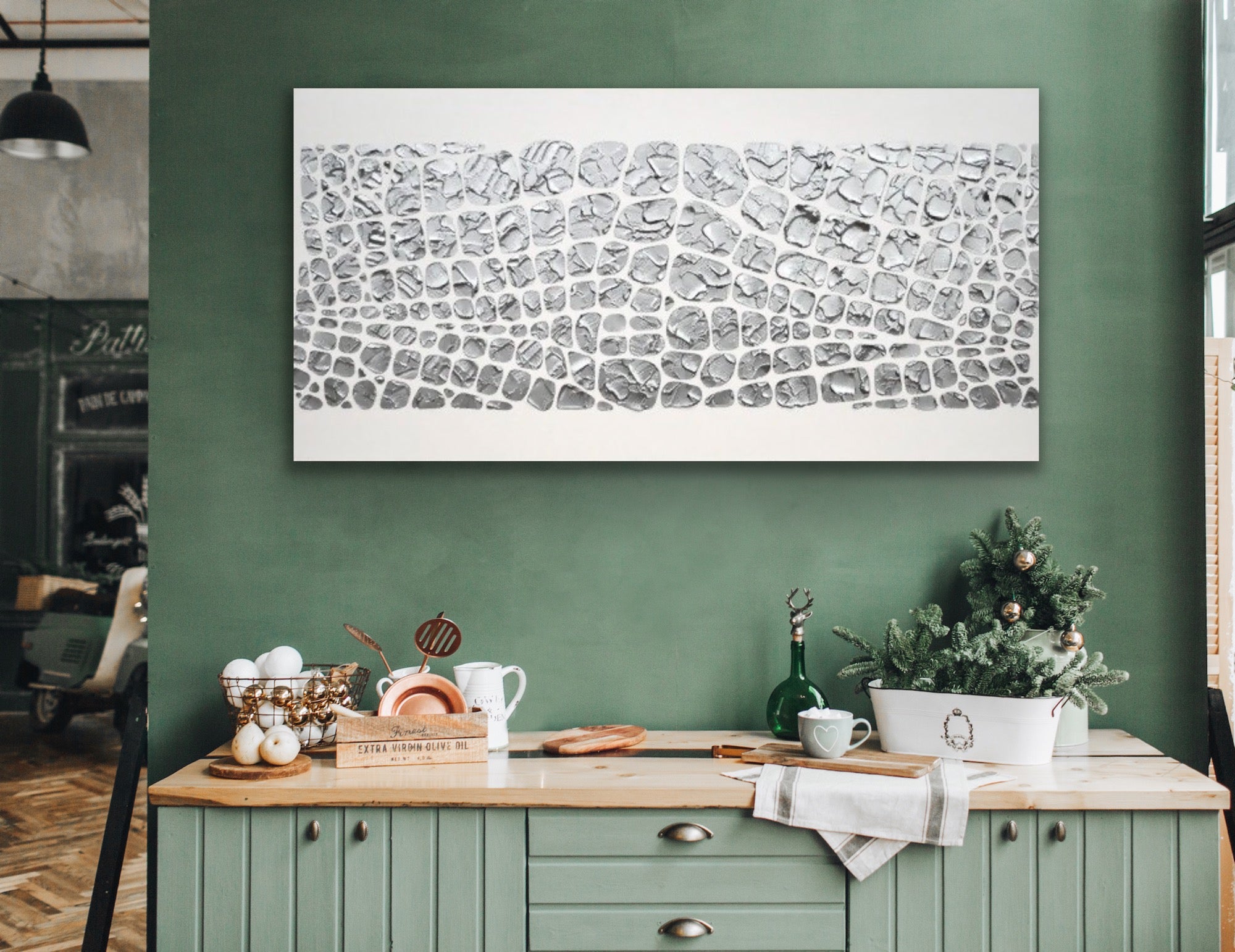 Original painting, metallic silver on white, Textured Large Abstract Art MADE2ORDER Mosaic Painting (48”x24”)