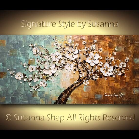 Original Abstract tree painting White cherry blossom textured palette knife impasto art by susanna shap (MADE2ORDER)
