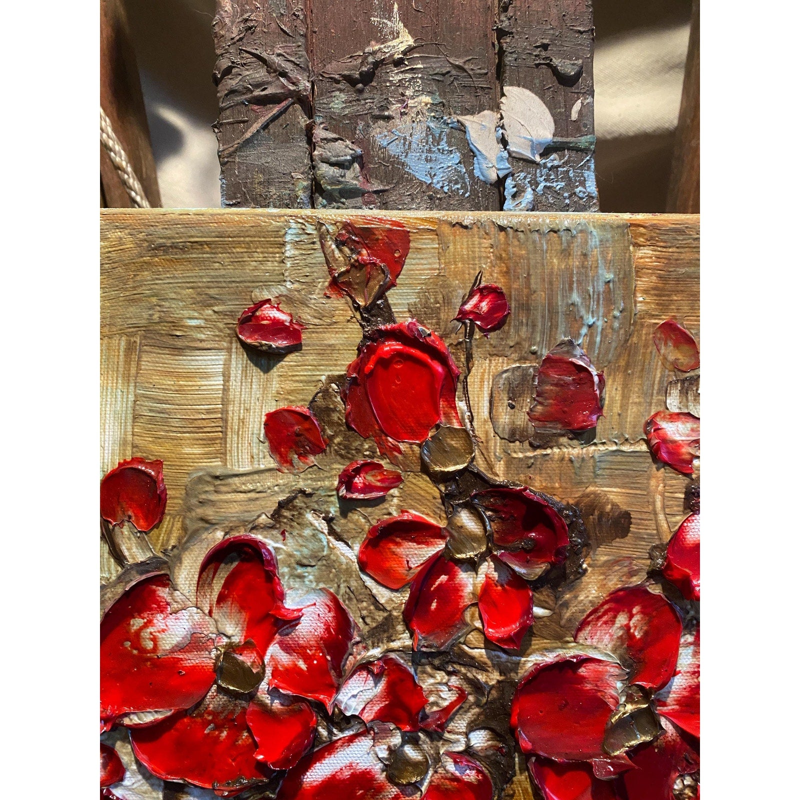 Original Red Cherry Blossom Tree Painting, Palette Knife Impasto Textured Fine Art (36x24")