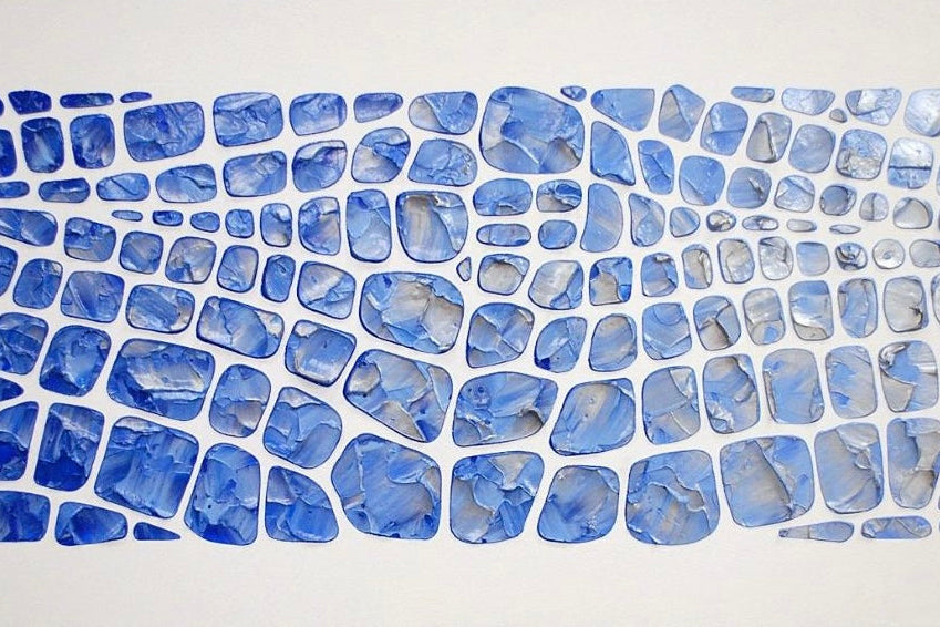 Original Textured palette knife impasto painting, blue, silver and white, Large Abstract Art MADE2ORDER Mosaic Geometric Painting (48”x24”)