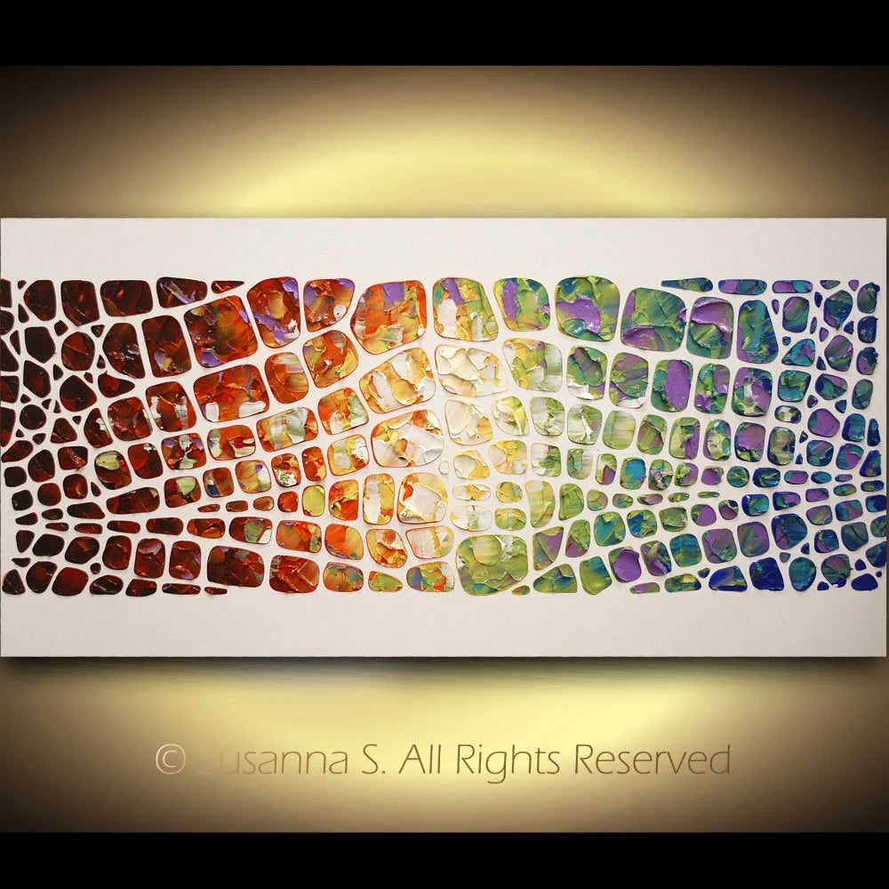 Original painting, multicolor rainbow on white, Textured Large Abstract Art MADE2ORDER Mosaic Painting (48”x24”)