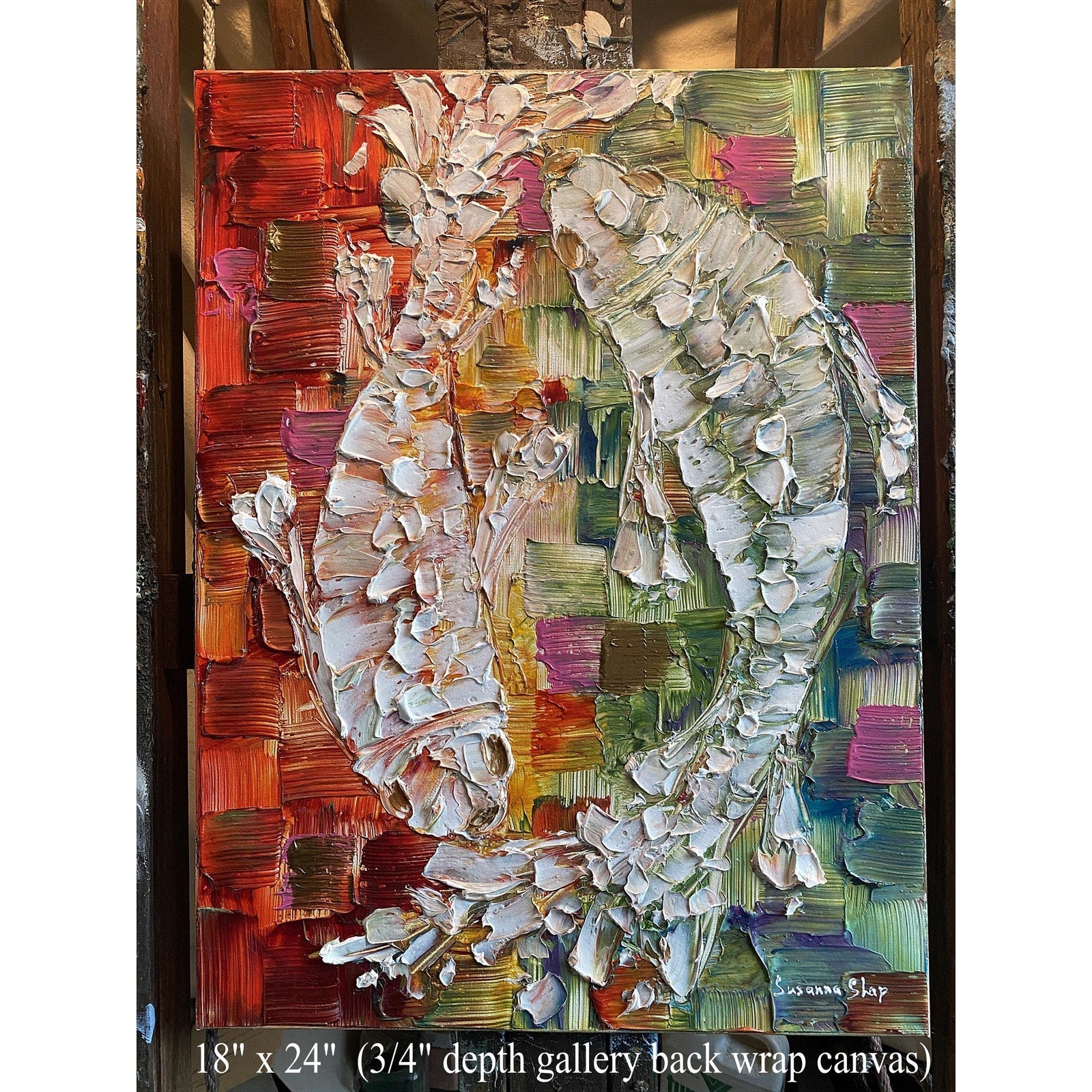 Original Koi Fish Painting: Textured Palette Knife impasto multicolored Fine Art (18"x24")