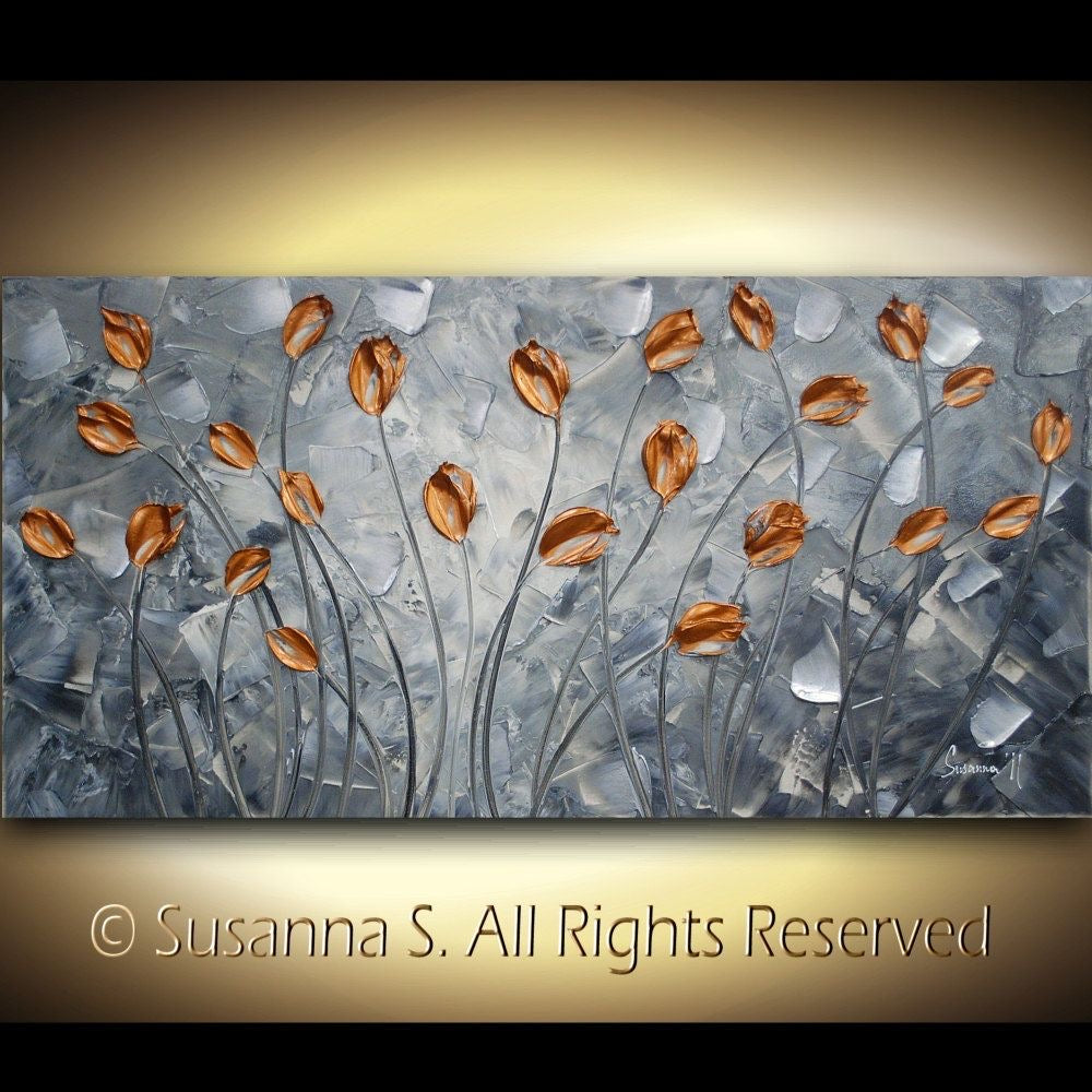 Original Painting Copper Tulips Abstract Landscape, Earth tones Grey Silver Impasto Textured palette knife art by susanna shap (MADE2ORDER)