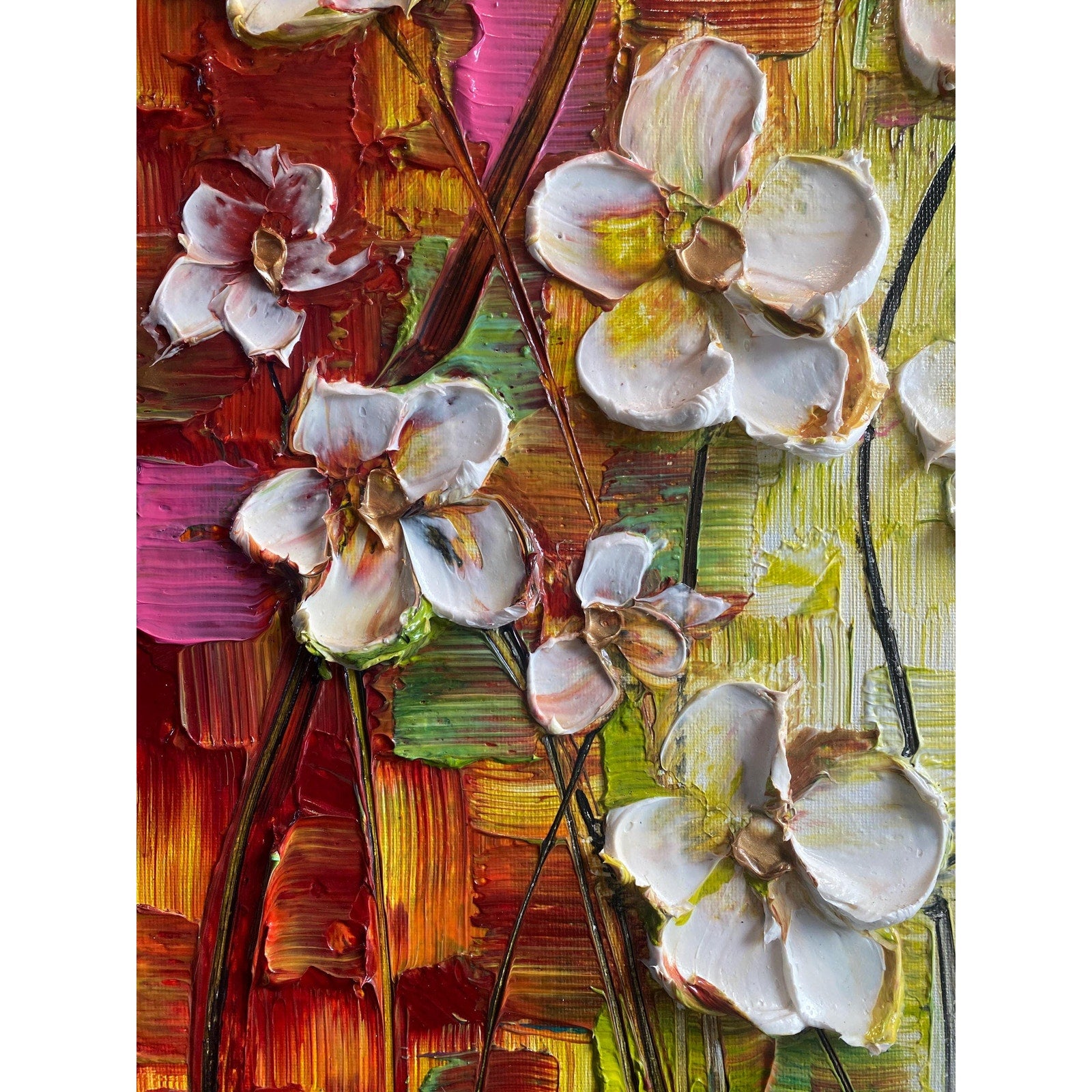 Original Abstract textured white flowers art, multicolored Palette Knife Impasto Painting: 18"x24" by Susanna Shap