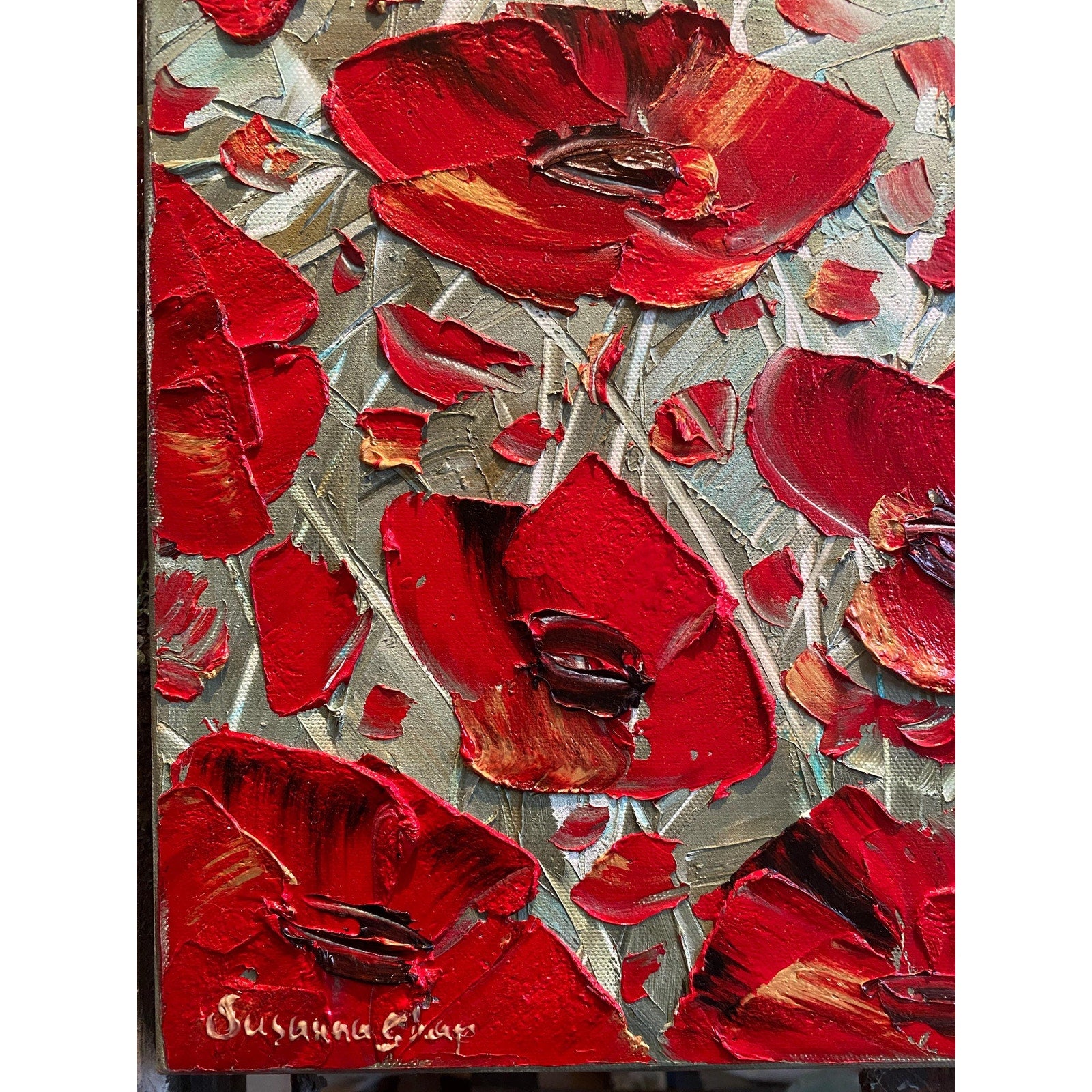 red poppies ORIGINAL abstract floral oil painting flowers landscape impasto Texture Palette knife Wall Art 20x20" Susanna Shap