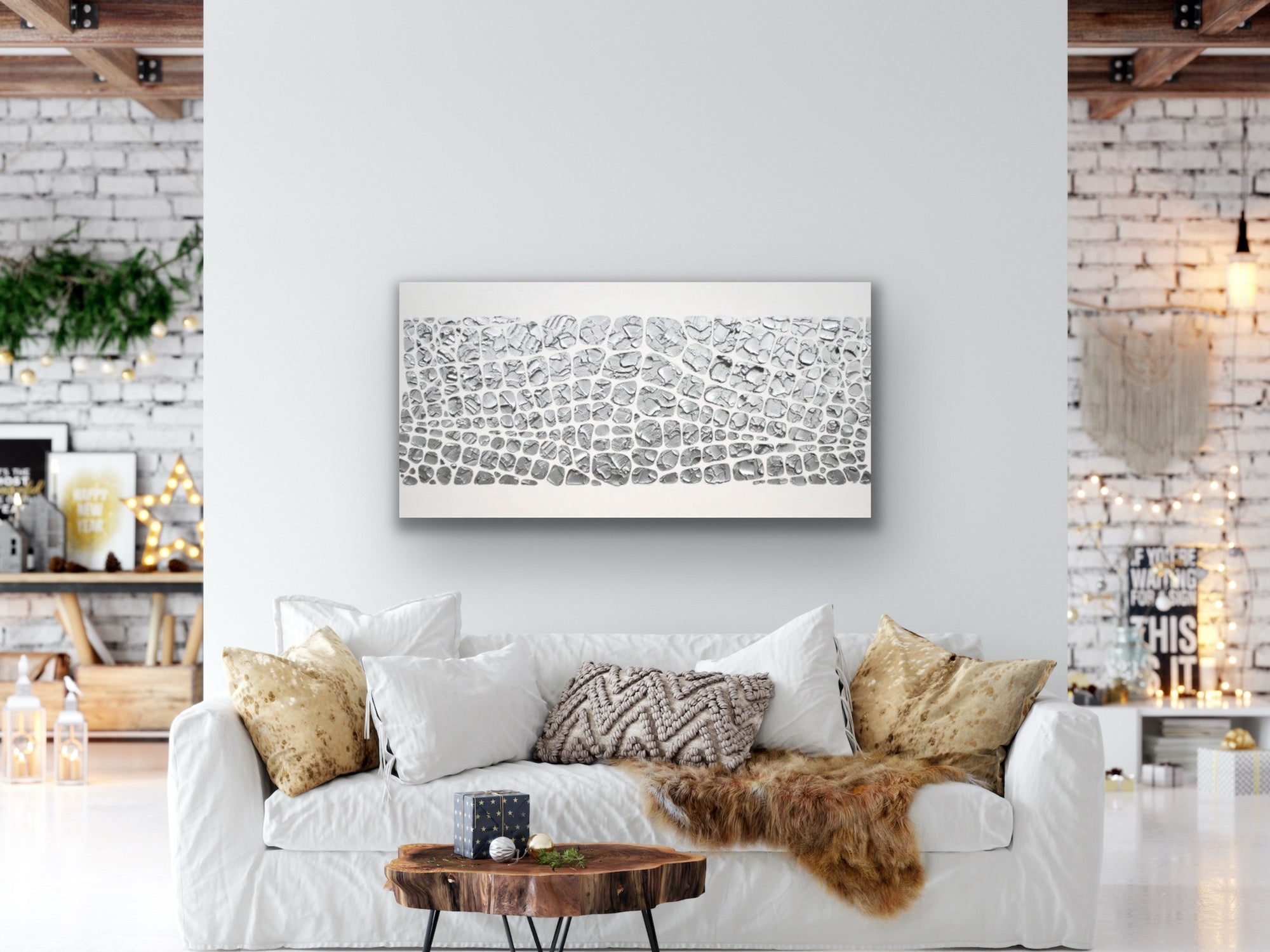 Original painting, metallic silver on white, Textured Large Abstract Art MADE2ORDER Mosaic Painting (48”x24”)