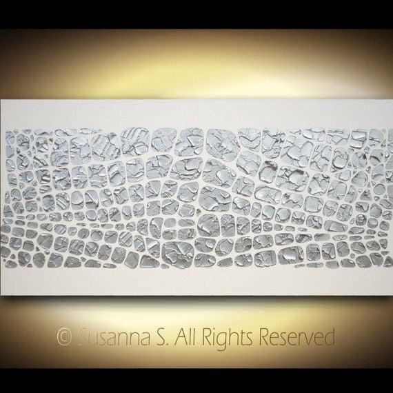 Original painting, metallic silver on white, Textured Large Abstract Art MADE2ORDER Mosaic Painting (48”x24”)