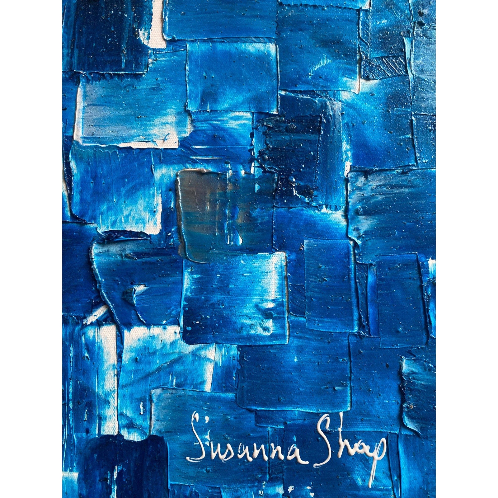 ORIGINAL Blue Large Abstract painting Minimalist Squares Geometric Heavy Textured 36"x36" Palette knife Art- by Susanna Shap