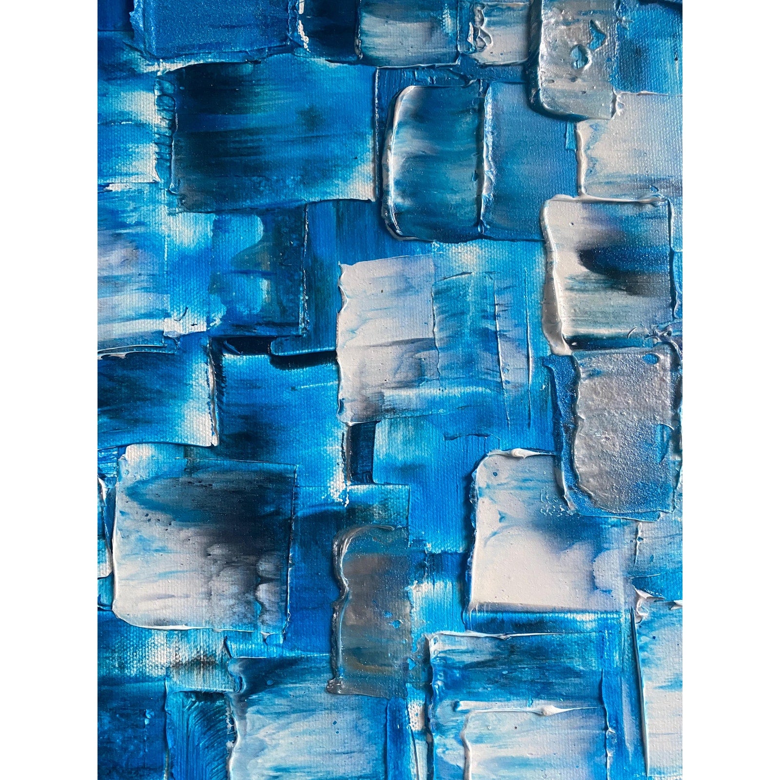 ORIGINAL Black Blue tonal large abstract painting Textured Squares Geometric Palette knife Art 48"x24" - by Susanna Shap