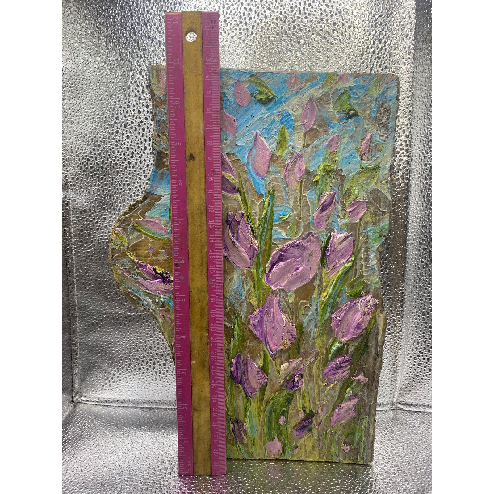 ORIGINAL Purple tulips Small Floral landscape oil painting, Textured Abstract Tactile Art on wood