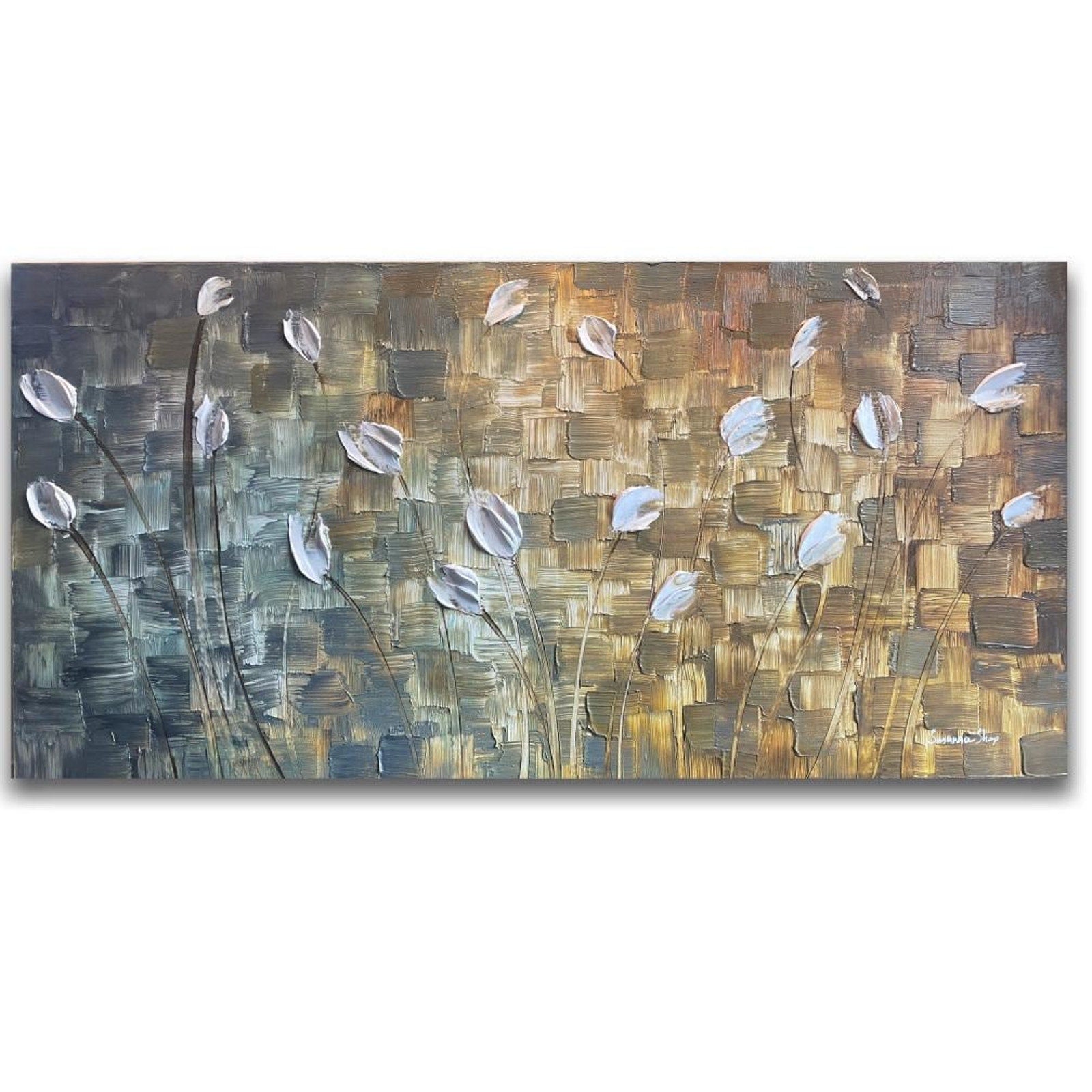 Large ORIGINAL white tulips painting, Abstract Landscape, Textured Palette knife Impasto Fine art by susanna shap (48"x24")