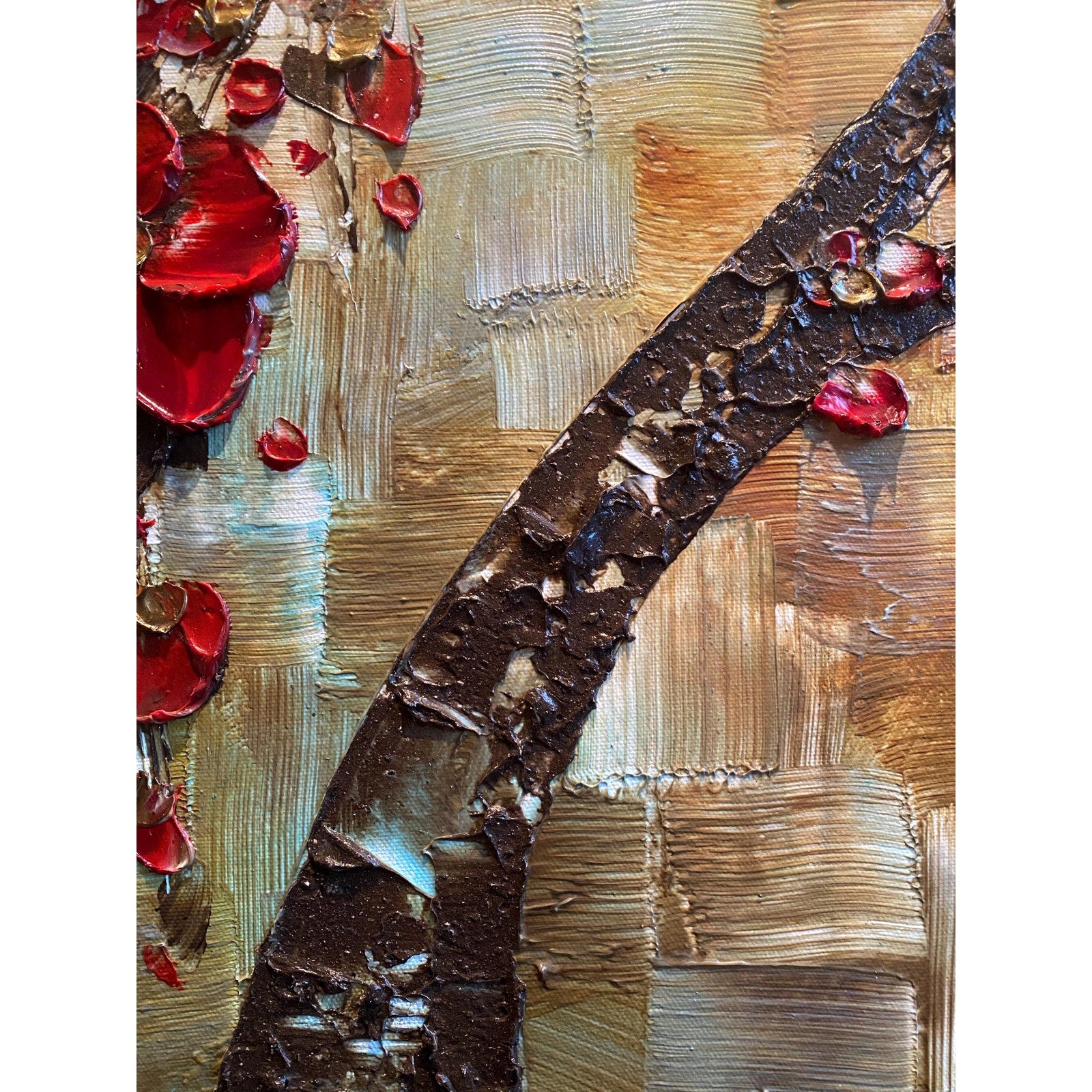 Original Red Cherry Blossom Tree Painting, Palette Knife Impasto Textured Fine Art (36x24")