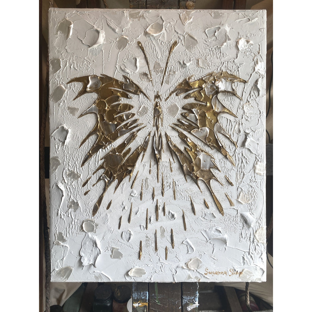 Butterfly Fairy ORIGINAL Art Abstract White & Gold Textured painting, HandMade Artwork Canvas wall art  16x20"