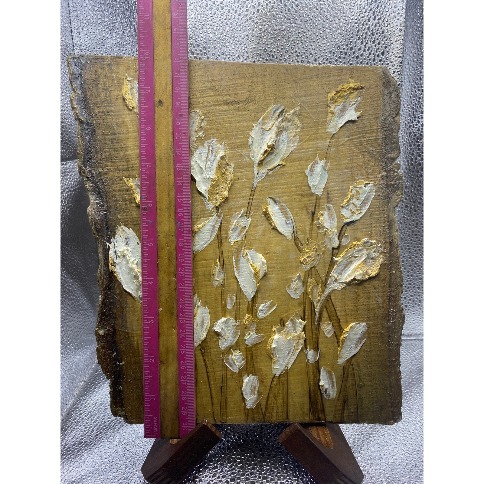 ORIGINAL White Gold Tulips landscape oil painting, Abstract Small Floral landscape oil painting, impasto on wood- by Susanna Shap