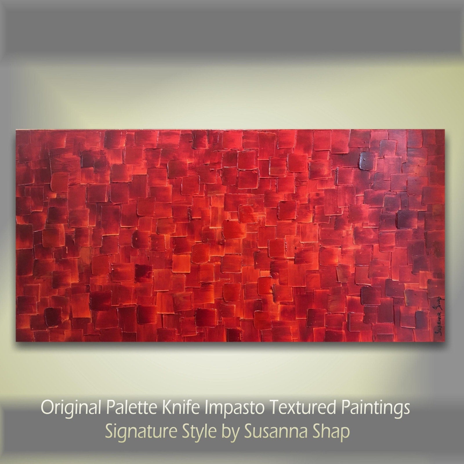 ORIGINAL Large Red Abstract painting, Squares, Geometric Textured 48"x24" Palette knife Art- by Susanna Shap