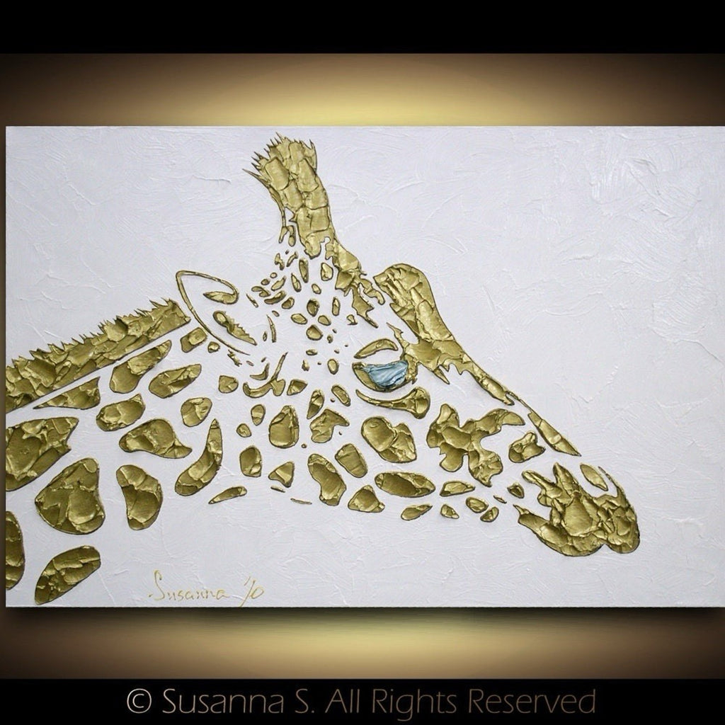 Abstract Original Giraffe Painting, Gold On White, palette knife impasto, 24”x36” MADE2ORDER