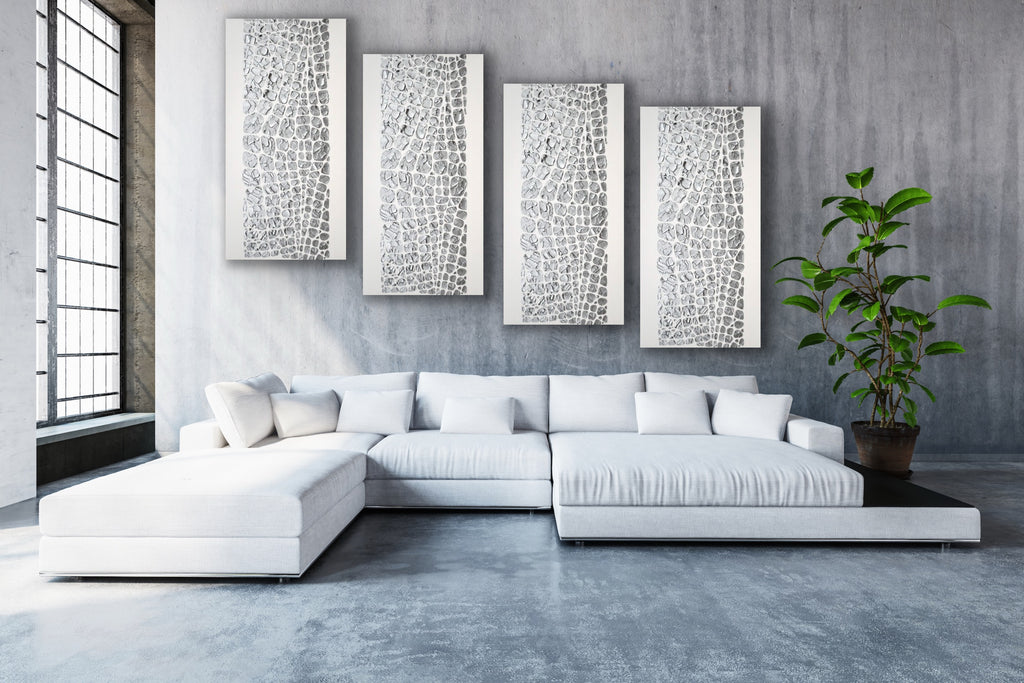 Original painting, metallic silver on white, Textured Large Abstract Art MADE2ORDER Mosaic Painting (48”x24”)