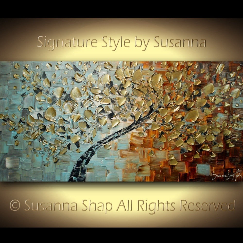 Original Gold Leaves Tree Abstract Landscape Earth tones Grey Brown and blue, Impasto Textured painting palette knife art by susanna shap (MADE2ORDER)