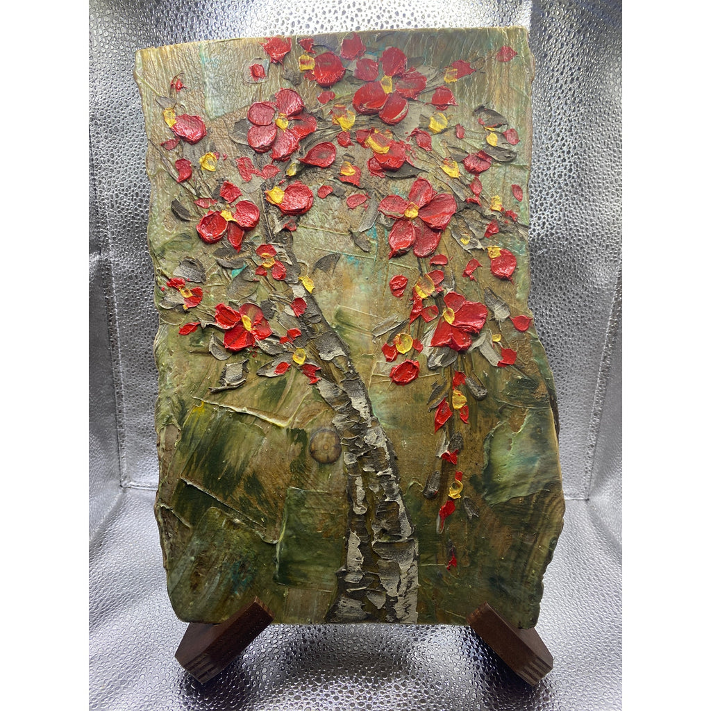 ORIGINAL Small Abstract Tree oil painting wood - red and brown - by Susanna Shap