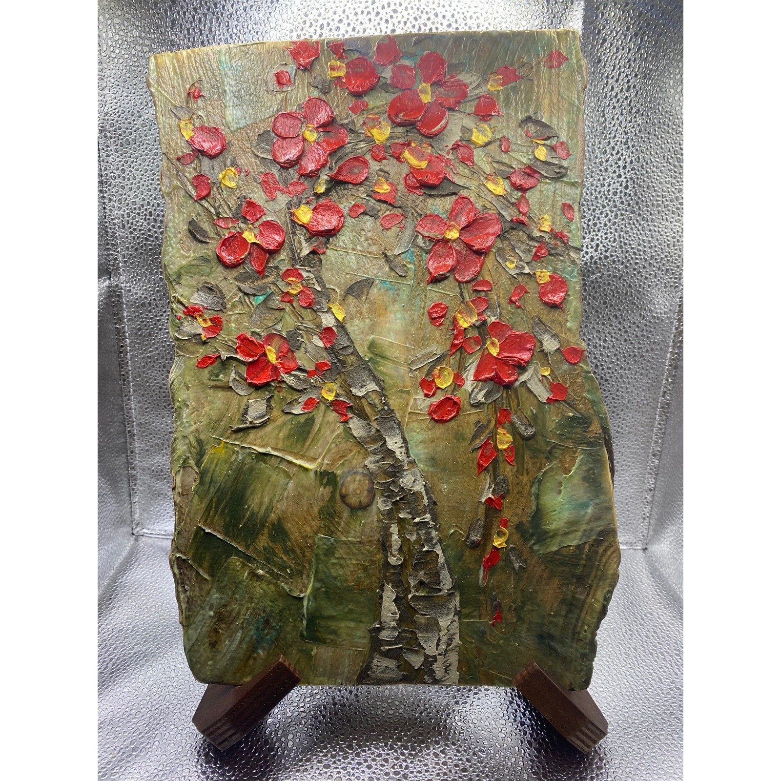 ORIGINAL Small Abstract Tree oil painting wood - red and brown - by Susanna Shap