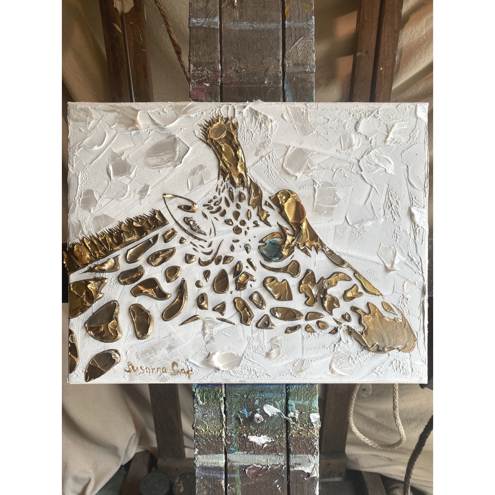 Giraffe, ORIGINAL Animal Art Abstract White & Gold Textured painting, Handmade Canvas wall art by Susanna Shap