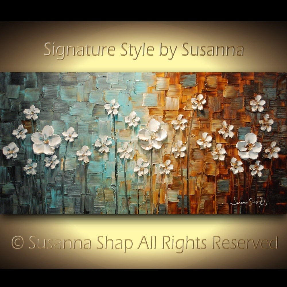 Original Painting White Flower Blossoms Modern Abstract Landscape, Earth tones Grey Beige Impasto Textured palette knife art by susanna shap (MADE2ORDER)